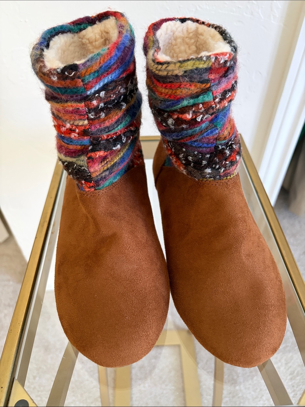 BearPaw Brown Suede-Look Ankle Boots with Multicolor Knit Cuff